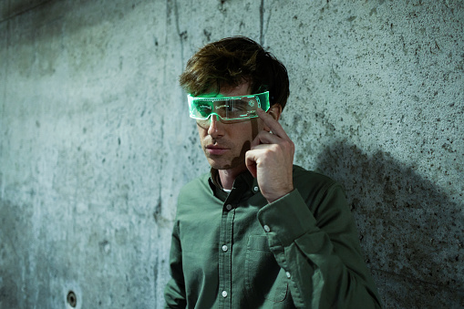 Glaases Software Developer Software Developer Wearing Futuristic Smart Glasses Is Testing Virtual ...