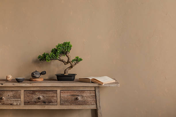istock A rustic wooden console table against a textured beige wall, adorned with a bonsai tree, an open book, and a traditional Japanese teapot. 2212541043
