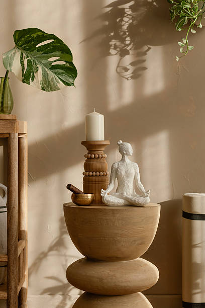 A cozy meditation setting with a handmade sculpture, soft candlelight, and natural materials enhancing a mindful ambiance.