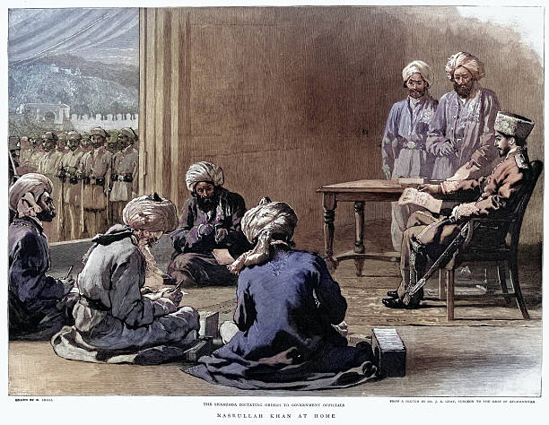 Vintage illustration of Nasrullah Khan shahzada (crown prince) of Afghanistan dictating orders to government officials, 1895
