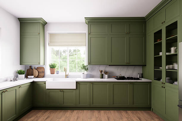 istock A contemporary modern kitchen with striking green cabinets and a clean, minimalist design 2212546185