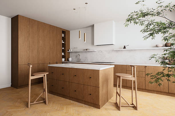 This modern kitchen features stylish wood cabinetry and a spacious island ideal for cooking and entertaining. 3d render