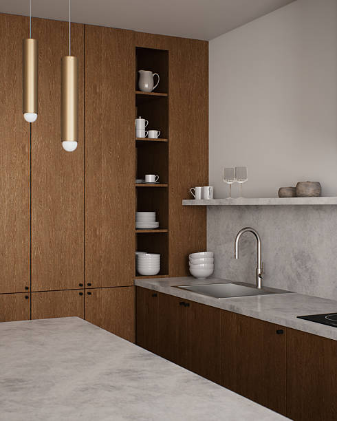 istock This is a sleek, modern kitchen that features exquisite wooden cabinets combined with stylish marble accents 2212546483