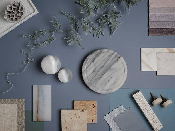 istock A serene blue and gray mood board with marble, textiles, and soft textures, creating a calming and elegant composition. 2212547690