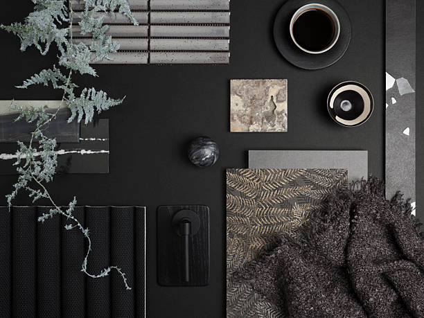 A deep black-themed mood board with bold textures, contrasting elements, and rich finishes, evoking a sophisticated and dramatic atmosphere.