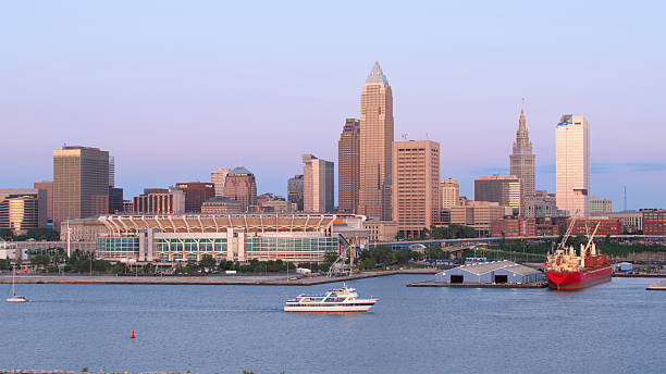 istock Downtown Cleveland Skyline with Waterfront at Sunset Featuring Boats and Modern Architecture 2212548850