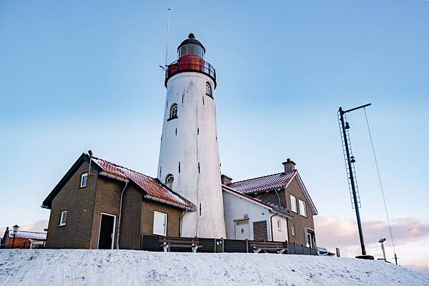 Majestic lighthouse, featuring a vibrant red top, is set against a stunning blue sky during sunset in wineter with snow, it promises a beautiful view and serves as a guiding beacon. Urk Netherlands