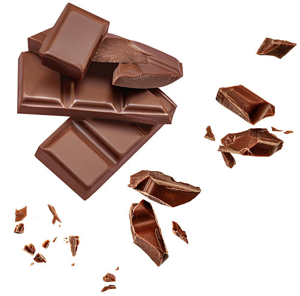 istock Chocolate bar  pieces  Explosion. Levitating dark chocolate pieces shattering isolated on white background. Falling  Chocolate chunks with choco crumbs. Package design element 2212556123