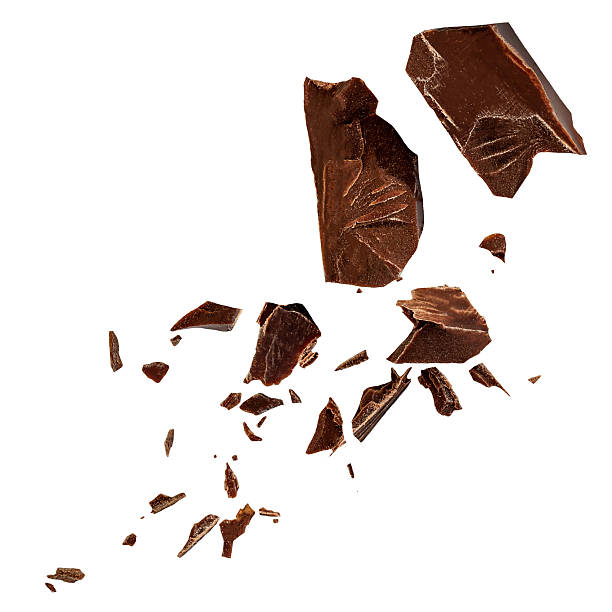 istock Chocolate bar  pieces  Explosion. Levitating dark chocolate pieces shattering isolated on white background. Falling  Chocolate chunks with choco crumbs. Package design element 2212556168