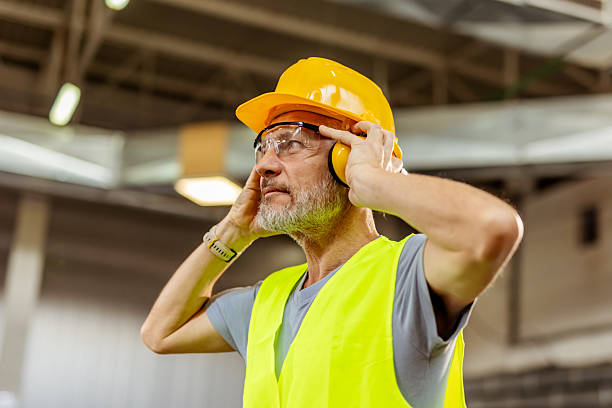 Male Worker with Protective Gear in an Industrial Setting