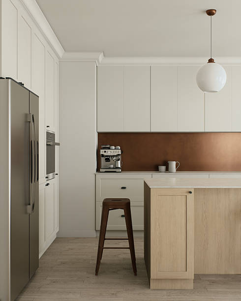 This is a stunning modern kitchen featuring beautiful copper accents and a sleek minimalist design