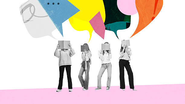 istock Group of teenagers reading books while colorful speech bubbles float above. Studying, group work. Contemporary art collage. 2212570662