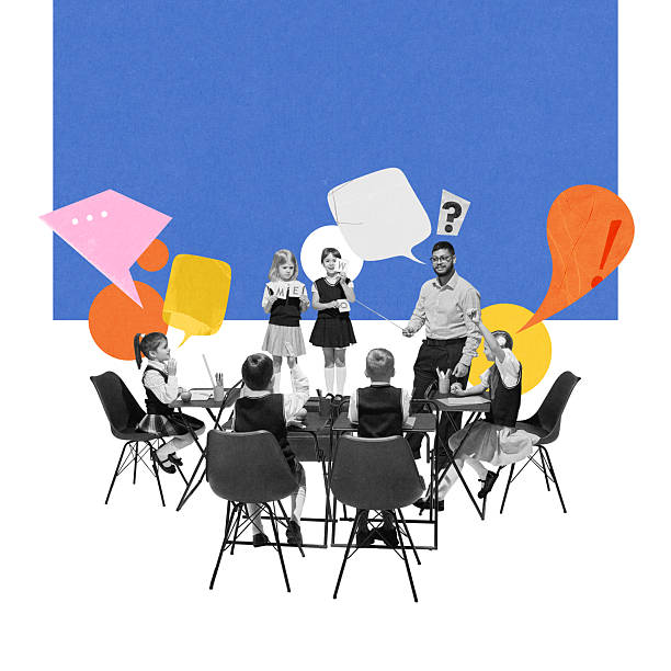 istock Elementary school children and teacher interacting with colorful letters and speech bubbles during lesson. Contemporary art collage. 2212570674