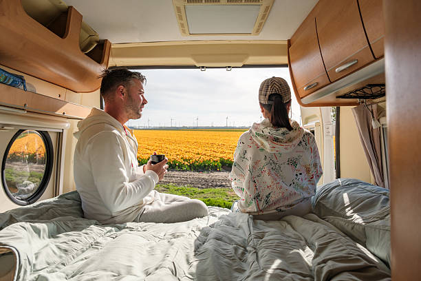 istock Enjoying springtime tulip fields in Flevoland while relaxing in a camper 2212572990