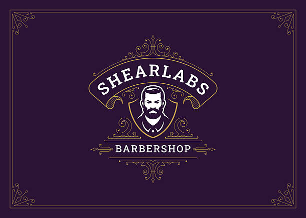 Classical luxury flourishes swirl golden ornate logo barbershop design template vector illustration. Vintage scroll Victorian floral motif heraldry shield barber shop brutal man gentleman service