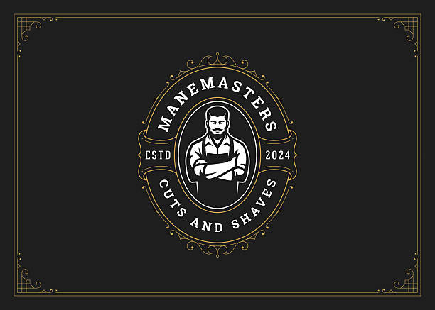 Antique luxury flourishes golden logo barbershop with man barber design template vector illustration. Classical elegant Victorian swirl emblem male gentleman hipster grooming shaving service