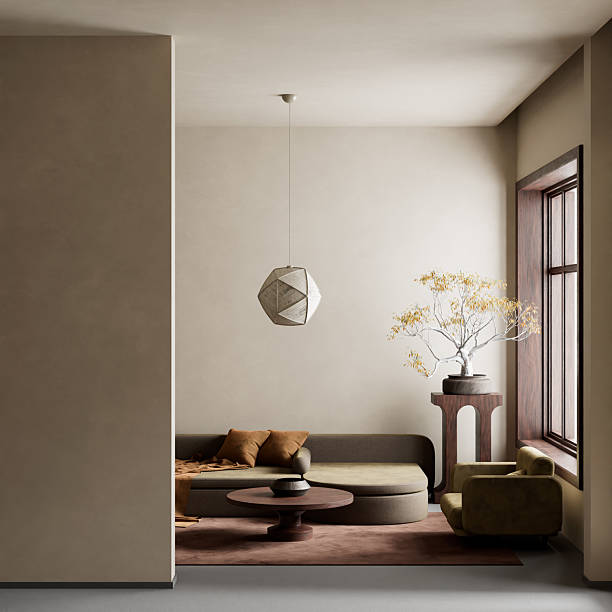 istock living room interior mock up with modern furnitures. Empty wall mock up in modern interior design. 3D illustration 2212579992