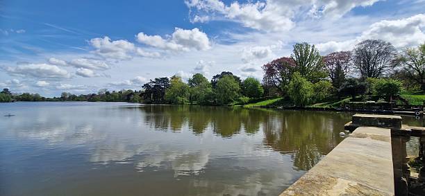 istock Lake landscape with trees during summer weather with blue sky and clouds with reflection of clear blue sky and clouds with trees on water 2212580206
