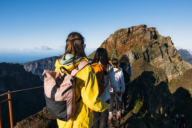 Rear view of group of four women backpackers hiking at majestic mountain ridge of Pico do Arieiro during scenic sunrise in Madeira island, Portugal