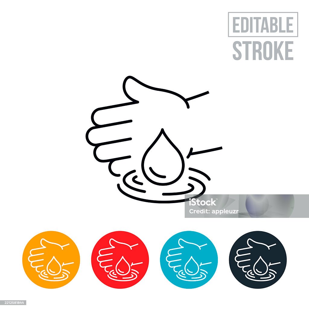Ícone de linha fina de água de proteção de mão - curso editável - Vetor de Mão royalty-free Ícone de linha fina de água de proteção de mão - curso editável - Vetor de Mão royalty-free