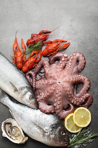 istock Different sea food on grey table, flat lay 2212587686