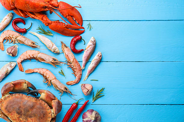 istock Different sea food on light blue wooden table, flat lay. Space for text 2212590993