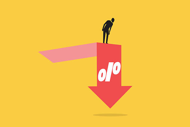 istock Businessman on percentage sign with falling down. concept of Inflation or interest rate falling down, decrease, profit fall in economic recession 2212592231