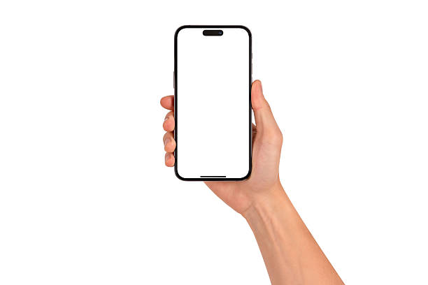 istock Hand showing smartphone with blank screen isolated on white background. High quality studio shot. Concept for technology, business, finance and advertising. 2212595614