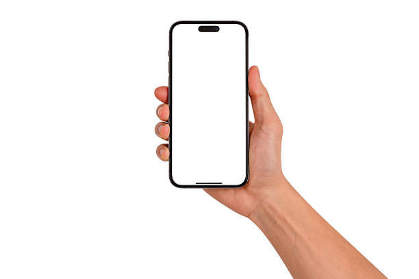istock Hand showing smartphone with blank screen isolated on white background. High quality studio shot. Concept for technology, business, finance and advertising. 2212595617