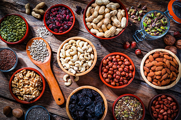 Overhead view of dried nuts, seeds and fruits