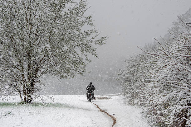 istock electric scooter rides through a sudden snowfall 2212601734