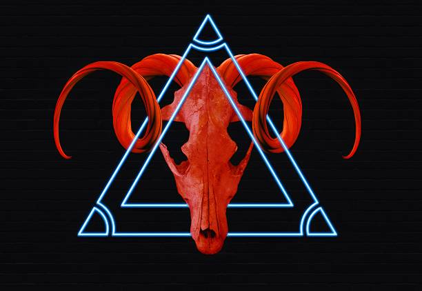 Red ram skull with curved horns and neon blue triangles on a black brick wall, creating a mystical and occult atmosphere