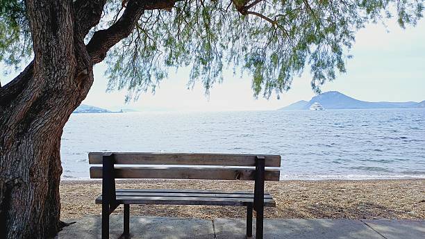 istock Sea view. Wooden bench. 2212614732