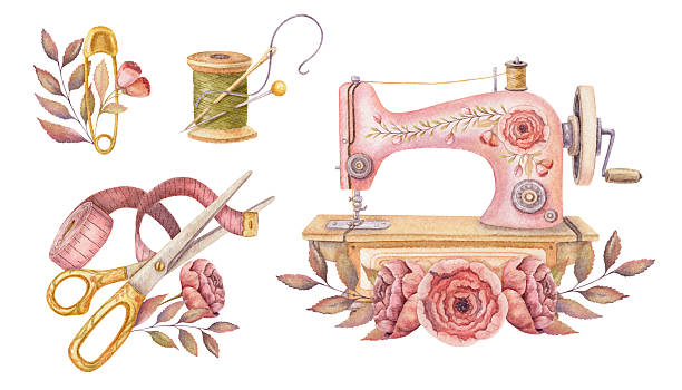 Set of sewing tool and needlework compositions in watercolor. Hand drawn vintage arrangement with machine and scissors. Fashion industry and craft hobby kit. Perfect for atelier or dressmaking design.