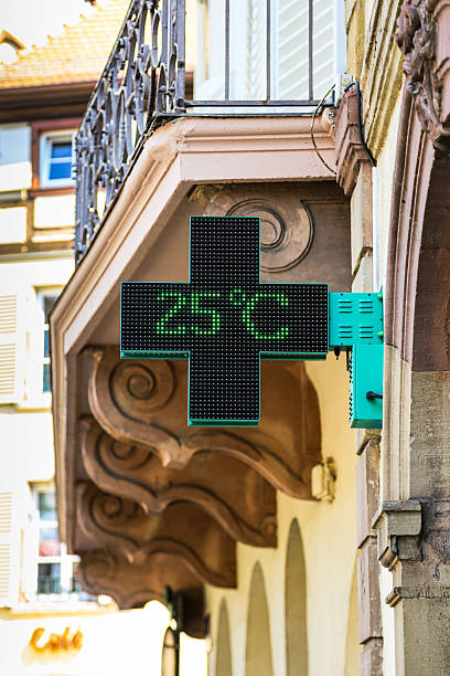 istock A green sign with a cross and the number 25 degrees Celsius on it 2212620040