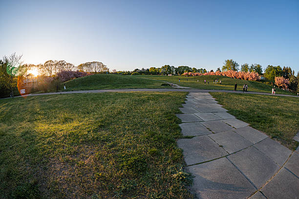 istock Concrete walkway meandering through grassy park, framed by trees at sunset, warm diffused light, tranquil atmosphere, no people visible, blue, pink, and subdued colors 2212622282