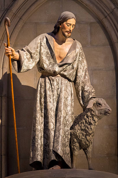 Cathedral Bon Pasteur - San Sebatian, Spain - 04-23-2025: Statue (19th century) of Jesus the Good Shepherd.