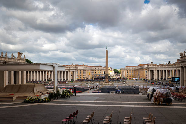 Vatican City, Vatican - April 25, 2025: St. Peter's Square decorated with flowers during preparations for the funeral ceremony the day before Pope Francis' funeral.