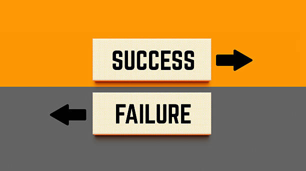 Concept illustration showing two paper cut style signs with arrows pointing in opposite directions, one labeled 'SUCCESS' and the other 'FAILURE'. Represents decision making, contrasting paths, strategic choice, and the dichotomy between success and failure.
