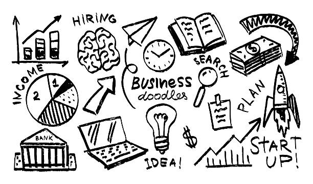 istock Business doodles hand drawn icons. Management concept. Vector clipart illustration. Line and Ink sketch. Vintage style. 2212636044