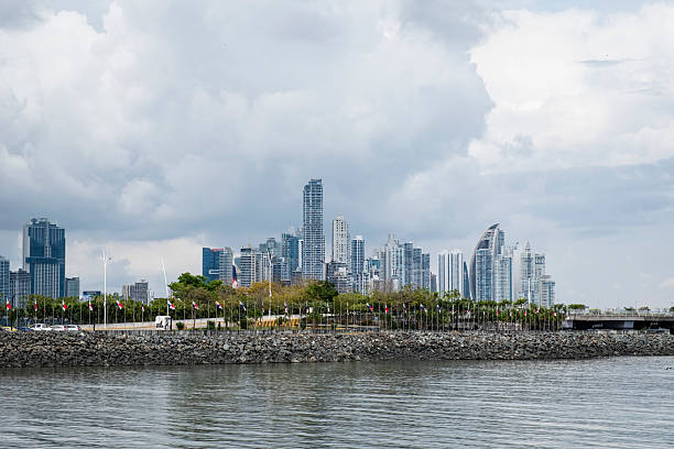 Panama City, Panama - February 16, 2025: View of modern downtown Panama City from the waterfront near Old Town.