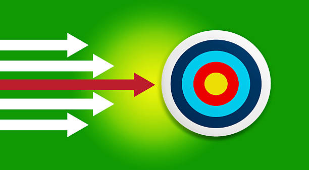 Paper cut style illustration with multiple white arrows converging on a central target, led by a red arrow. Symbolizes achieving goals, focus, success, competition, leadership, strategy, and hitting the target objective. Green background.