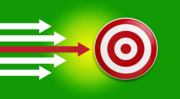 Paper cut style illustration with multiple white arrows converging on a central target, led by a prominent red arrow. Represents achieving goals, focus, success, competition, leadership, strategy, and hitting objectives. Green gradient background.