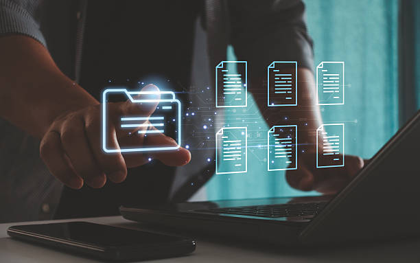istock Data document management system search and online file transfer download or doc sharing and database digital cloud drive storage service and folder privacy on computer network technology analytics. 2212642598