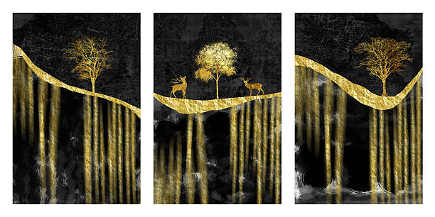 istock 3 pieces canvas digital artwork. Golden deer and tree leaf, mountains on paint black background. wall poster art decoration. night paint landscape 2212645556
