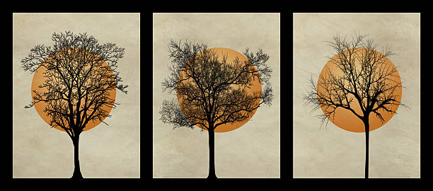 istock 3 pieces Modern simple minimal canvas wall art. golden sun and black tree leaf on light beige background. wall artwork decoration for home 2212645688