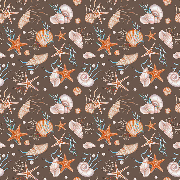 istock Seashell and Pearls Pattern on isolated background. Hand drawn vintage watercolor seamless ornament with Sea Shells and stars for wrapping paper or textile in nautical style. 2212649893