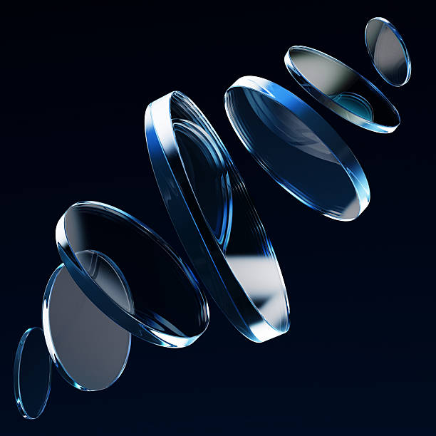istock Dark blue 3d background with glass transparent disks. Crystal circle plates, clear discs with holographic gradient, light refraction and motion effect. Abstract geometric shape render 2212659514