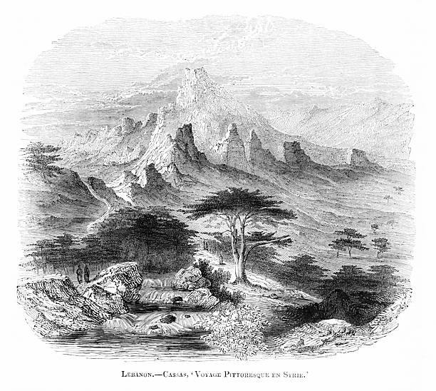 Landscape of the country Lebanon. Middle Eastern history and geography. Illustration published 1836. Copyright expired; artwork is in Public Domain.