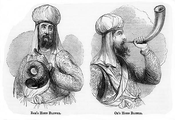 Trumpets made of ram and ox horns blown by Jewish men sound an alarm or are used in religious ceremonies.  Published 1836. Original edition is from my own archives. Copyright has expired and is in Public Domain.